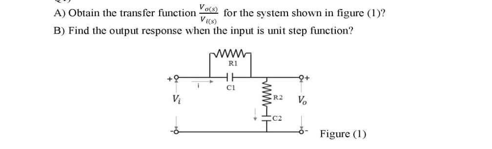 Vo(s) for the system shown in figure (1)?
VI(s)
A) Obtain the trans fer function
B) Find the output response when the input is unit step function?
R1
+어
Ci
Vị
R2
V.
C2
-o-
Figure (1)
wwHH
