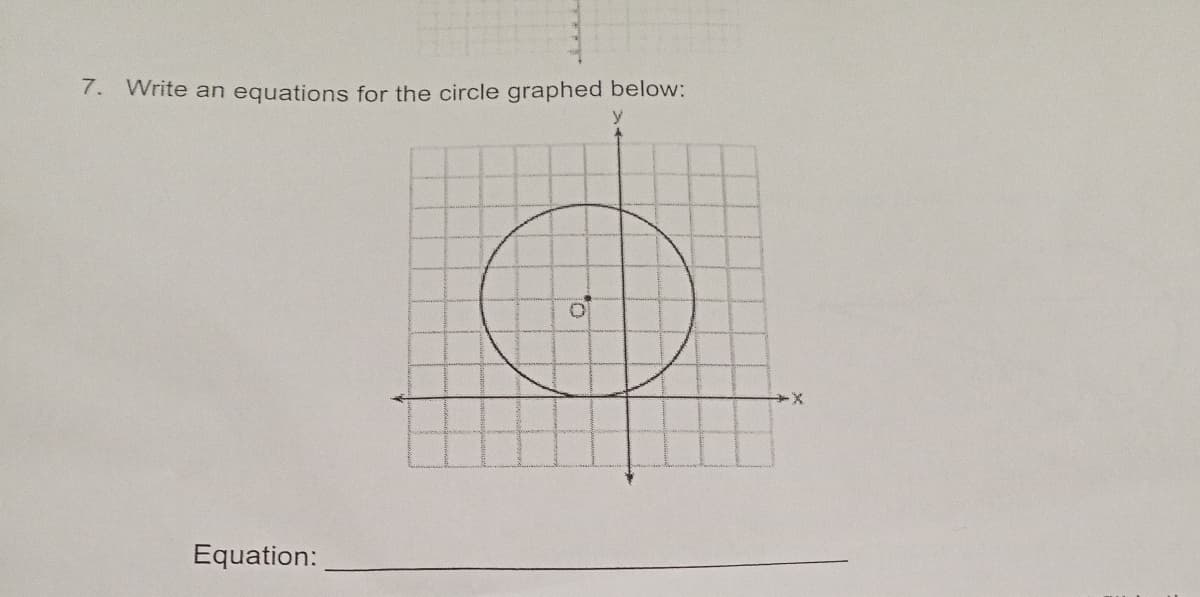 7. Write an equations for the circle graphed below:
Equation:
