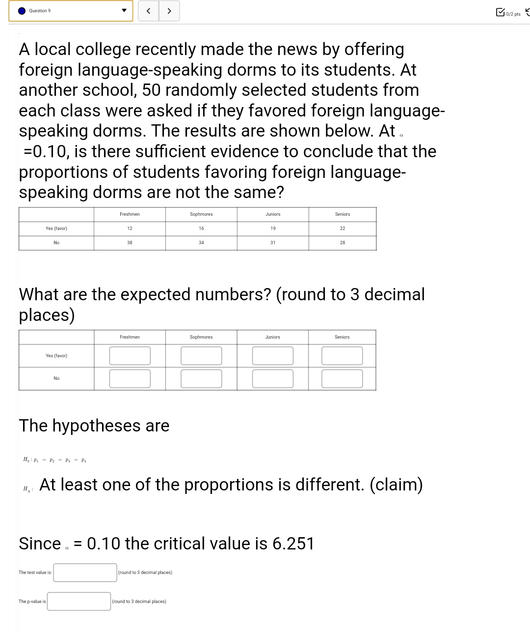 The hypotheses are
H, : P, = P. = Ps - P.
At least one of the proportions is different. (claim)
Since. = 0.10 the critical value is 6.251
The test value is:
(round to 3 decimal places)
The p-value is
(round to 3 decimal places)
