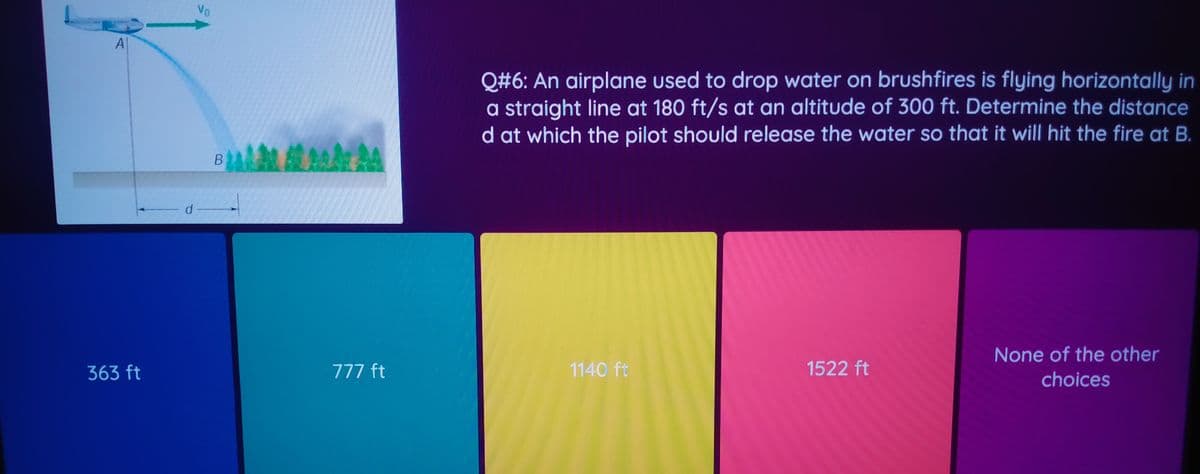 Vo
A
Q#6: An airplane used to drop water on brushfires is flying horizontally in
a straight line at 180 ft/s at an altitude of 300 ft. Determine the distance
d at which the pilot should release the water so that it will hit the fire at B.
d -
None of the other
choices
1140 ft
1522 ft
777 ft
363 ft
