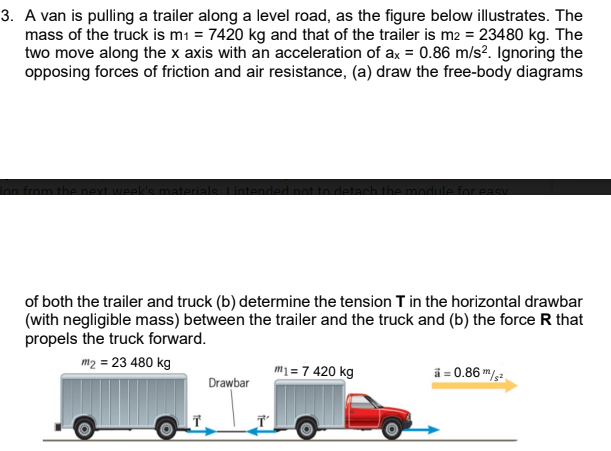 3. A van is pulling a trailer along a level road, as the figure below illustrates. The
mass of the truck is m1 = 7420 kg and that of the trailer is m2 = 23480 kg. The
two move along the x axis with an acceleration of ax = 0.86 m/s?. Ignoring the
opposing forces of friction and air resistance, (a) draw the free-body diagrams
from the nevt weel
tended pot to detach the modul
of both the trailer and truck (b) determine the tension T in the horizontal drawbar
(with negligible mass) between the trailer and the truck and (b) the force R that
propels the truck forward.
m2 = 23 480 kg
m} = 7 420 kg
ä = 0.86 m/s2.
Drawbar
