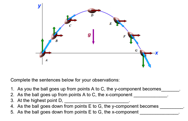 y
g
F
B
Complete the sentences below for your observations:
1. As you the ball goes up from points A to C, the y-component becomes_
2. As the ball goes up from points A to C, the x-component
3. At the highest point D, ,
4. As the ball goes down from points E to G, the y-component becomes
5. As the ball goes down from points E to G, the x-component
