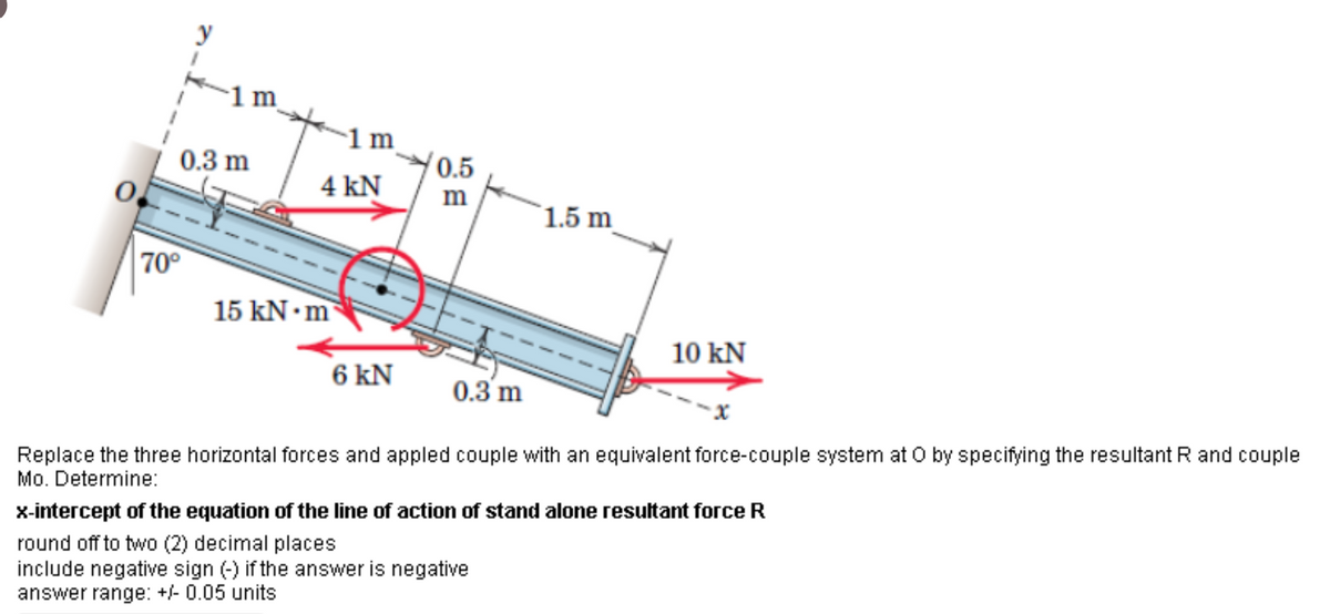 0
70°
y
0.3 m
1 m
4 kN
0.5
m
1.5 m
15 kN m
10 KN
6 kN
0.3 m
Replace the three horizontal forces and appled couple with an equivalent force-couple system at O by specifying the resultant R and couple
Mo. Determine:
x-intercept of the equation of the line of action of stand alone resultant force R
round off to two (2) decimal places
include negative sign (-) if the answer is negative
answer range: +/- 0.05 units