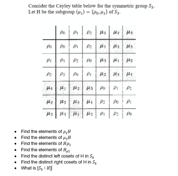 Consider the Cayley table below for the symmetric group S3.
Let H be the subgroup (μ₁) = {Po, ₁} of S3.
Po
PI P₂
μ1 1₂
flz
Po PI
P₂
142 13
PI P₂ Po flz
f42
P₂
Po PI 1₂ f3f1
12 13
Po P₁ P₂
142
μi
P₂ PO PI
H3 H3
th₂
P1 P₂
Po
Find the elements of p₁H
•
Find the elements of μ₂H
•
Find the elements of Hp₂
•
Find the elements of Huz
•
Find the distinct left cosets of H in S₂
Find the distinct right cosets of H in S₂
• What is [S₂: H]
•
Po
P1
६'
F
Pr
μi
122 flz
fes
5
441
5.