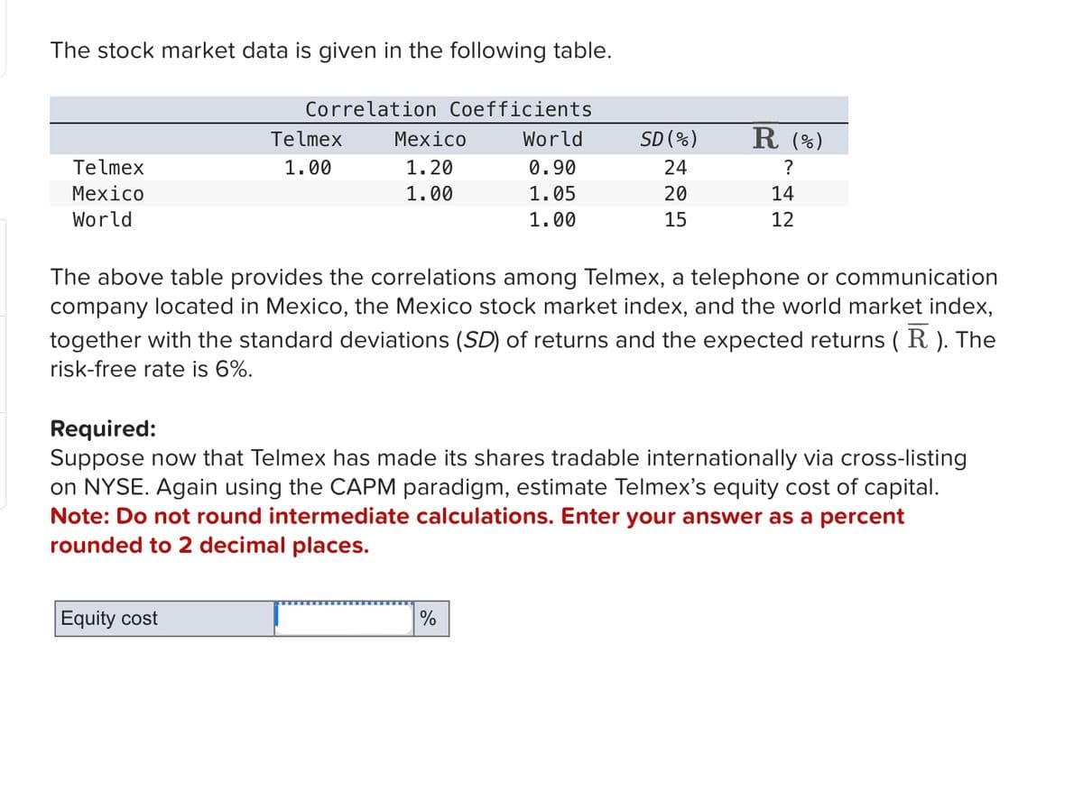 The stock market data is given in the following table.
Correlation Coefficients
Telmex
Telmex
Mexico
World
1.00
Mexico
World
SD (%)
R (%)
1.20
0.90
24
?
1.00
1.05
20
14
1.00
15
12
The above table provides the correlations among Telmex, a telephone or communication
company located in Mexico, the Mexico stock market index, and the world market index,
together with the standard deviations (SD) of returns and the expected returns ( R ). The
risk-free rate is 6%.
Required:
Suppose now that Telmex has made its shares tradable internationally via cross-listing
on NYSE. Again using the CAPM paradigm, estimate Telmex's equity cost of capital.
Note: Do not round intermediate calculations. Enter your answer as a percent
rounded to 2 decimal places.
Equity cost
%