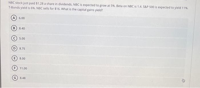 NBC stock just paid $1.28 a share in dividends. NBC is expected to grow at 5%. Beta on NBC is 1.4. S&P 500 is expected to yield 11%.
T-Bonds yield is 6%. NBC sells for $16. What is the capital gains yield?
B
6.00
8.40
5.00
D
8.75
8.00
11.00
8.48
B