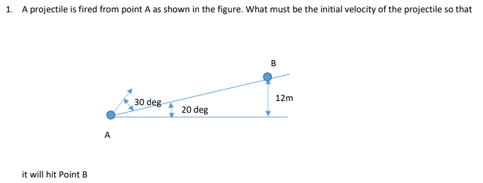 1. A projectile is fired from point A as shown in the figure. What must be the initial velocity of the projectile so that
12m
30 deg
20 deg
A
it will hit Point B
