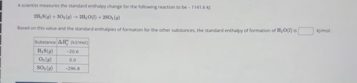 A scientist measures the standard enthalpy change for the following reaction to be - 1141.6 kJ:
2H,S(9)+302(g) → 2H2O(l) +2SO2(9)
Based on this value and the standard enthalpies of formation for the other substances, the standard enthalpy of formation of H2O(l) is
Substance AH (kJ/mol)
H₂S(9)
-20.6
O2(g)
0.0
SO₂(9)
-296.8
kJ/mol.