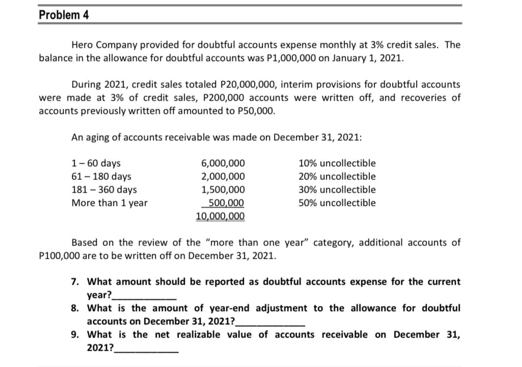 Problem 4
Hero Company provided for doubtful accounts expense monthly at 3% credit sales. The
balance in the allowance for doubtful accounts was P1,000,000 on January 1, 2021.
During 2021, credit sales totaled P20,000,000, interim provisions for doubtful accounts
were made at 3% of credit sales, P200,000 accounts were written off, and recoveries of
accounts previously written off amounted to P50,000.
An aging of accounts receivable was made on December 31, 2021:
1-60 days
61-180 days
181-360 days
More than 1 year
6,000,000
2,000,000
1,500,000
500,000
10,000,000
10% uncollectible
20% uncollectible
30% uncollectible
50% uncollectible
Based on the review of the "more than one year" category, additional accounts of
P100,000 are to be written off on December 31, 2021.
7. What amount should be reported as doubtful accounts expense for the current
year?
8. What is the amount of year-end adjustment to the allowance for doubtful
accounts on December 31, 2021?
9. What is the net realizable value of accounts receivable on December 31,
2021?