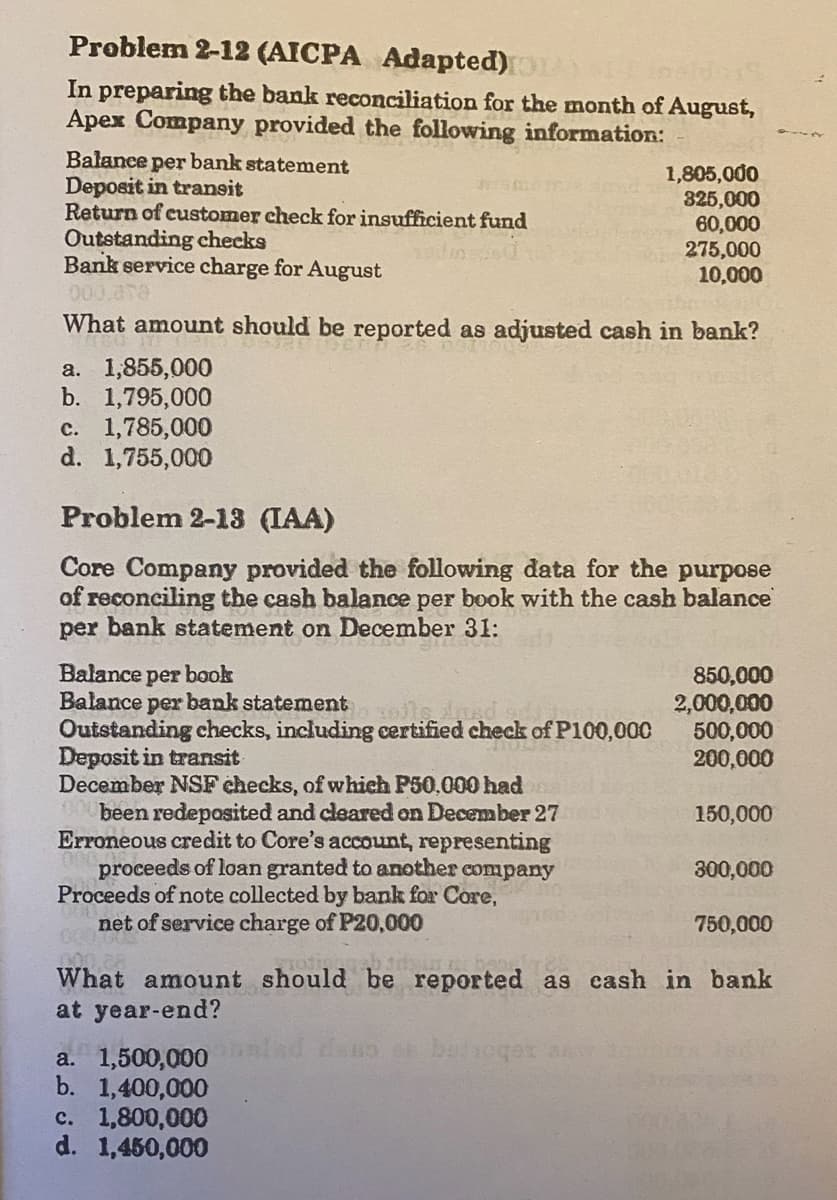 Problem 2-12 (AICPA Adapted)
inah
In preparing the bank reconciliation for the month of August,
Apex Company provided the following information:
Balance per bank statement
Deposit in transit
Return of customer check for insufficient fund
Outstanding checks
Bank service charge for August
000.378
What amount should be reported as adjusted cash in bank?
a. 1,855,000
b. 1,795,000
c. 1,785,000
d. 1,755,000
Problem 2-13 (IAA)
Core Company provided the following data for the purpose
of reconciling the cash balance per book with the cash balance
per bank statement on December 31:
Balance per book
Balance per bank statement 0 2001. Ins
Outstanding checks, including certified check of P100,000
Deposit in transit
December NSF checks, of which P50,000 had
been redeposited and cleared on December 27
Erroneous credit to Core's account, representing
proceeds of loan granted to another company
Proceeds of note collected by bank for Core,
net of service charge of P20,000
1003
a. 1,500,000
b. 1,400,000
1,805,000
325,000
60,000
275,000
10,000
c. 1,800,000
d. 1,450,000
betoger
850,000
2,000,000
500,000
200,000
150,000
What amount should be reported as cash in bank
at year-end?
300,000
750,000