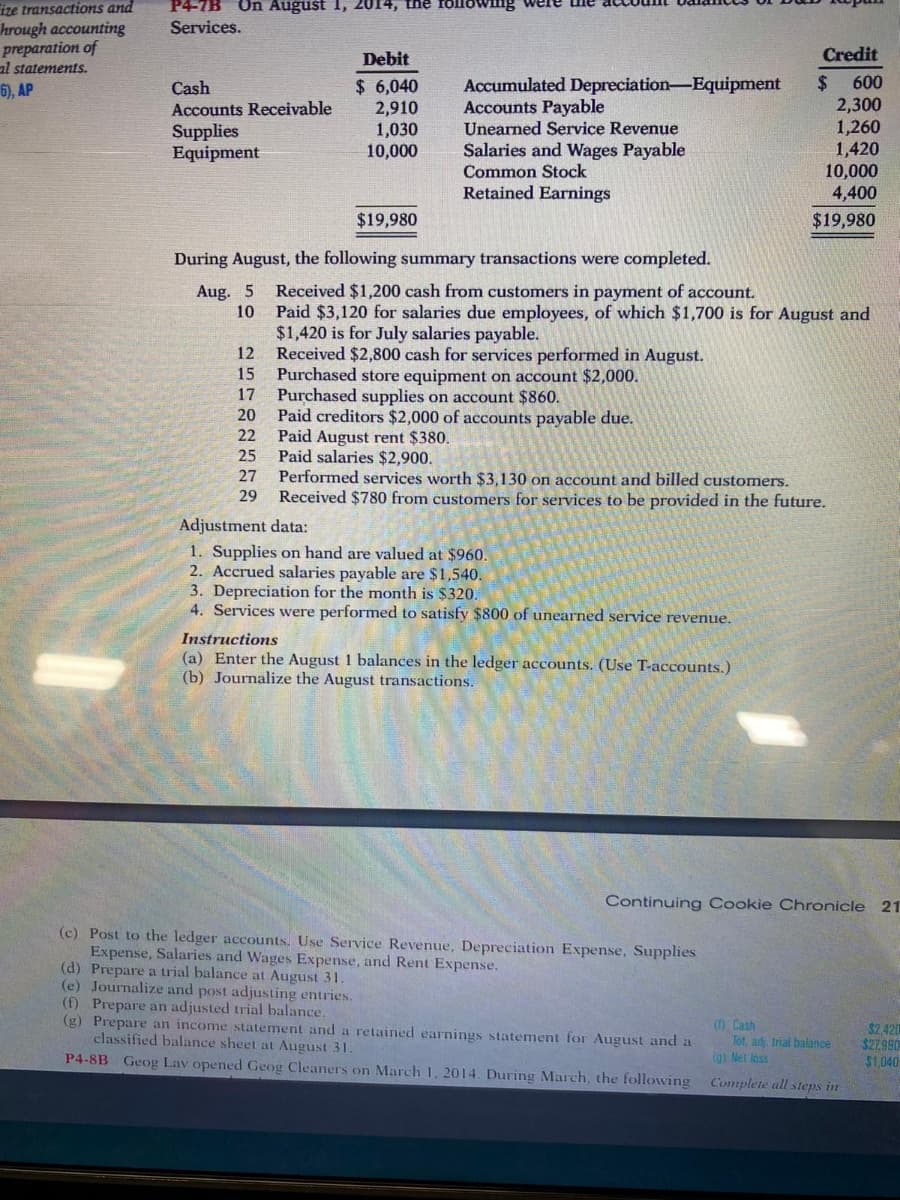 Services.
accounting
ation of
ments.
Debit
Credit
Cash
Accounts Receivable
Supplies
Equipment
$ 6,040
2,910
1,030
10,000
Accumulated Depreciation-Equipment
Accounts Payable
Unearned Service Revenue
Salaries and Wages Payable
Common Stock
Retained Earnings
$ 600
2,300
1,260
1,420
10,000
4,400
$19,980
$19,980
During August, the following summary transactions were completed.
Aug. 5
10
Received $1,200 cash from customers in payment of account.
Paid $3,120 for salaries due employees, of which $1,700 is for August and
$1,420 is for July salaries payable.
Received $2,800 cash for services performed in August.
Purchased store equipment on account $2,000.
Purchased supplies on account $860.
Paid creditors $2,000 of accounts payable due.
Paid August rent $380.
25
12
15
17
20
22
Paid salaries $2,900.
27 Performed services worth $3,130 on account and billed customers.
Received $780 from customers for services to be provided in the future.
29
Adjustment data:
1. Supplies on hand are valued at $960.
2. Accrued salaries payable are $1,540.
3. Depreciation for the month is $320.
4. Services were performed to satisfy $800 of unearned service revenue.
Instructions
(a) Enter the August 1 balances in the ledger accounts. (Use T-accounts.)
(b) Journalize the August transactions.
Continuing Cookie Chronicle 2
(c) Post to the ledger accounts. Use Service Revenue, Depreciation Expense, Supplies
Expense, Salaries and Wages Expense, and Rent Expense.
(d) Prepare a trial balance at August 31.
(e) Journalize and post adjusting entries.
(f) Prepare an adjusted trial balance.
(g) Prepare an income statement and a retained earnings statement for August and a
classified balance sheet at August 31.
() Cash
Tot, ad trial balance
$2.42
$27.9
PA 2n
