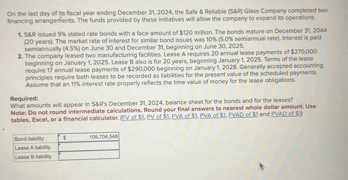 On the last day of its fiscal year ending December 31, 2024, the Safe & Reliable (S&R) Glass Company completed two
financing arrangements. The funds provided by these initiatives will allow the company to expand its operations.
1. S&R issued 9% stated rate bonds with a face amount of $120 million. The bonds mature on December 31, 2044
(20 years). The market rate of interest for similar bond issues was 10% (5.0% semiannual rate). Interest is paid
semiannually (4.5%) on June 30 and December 31, beginning on June 30, 2025.
2. The company leased two manufacturing facilities. Lease A requires 20 annual lease payments of $270,000
beginning on January 1, 2025. Lease B also is for 20 years, beginning January 1, 2025. Terms of the lease
require 17 annual lease payments of $290,000 beginning on January 1, 2028. Generally accepted accounting
principles require both leases to be recorded as liabilities for the present value of the scheduled payments.
Assume that an 11% interest rate properly reflects the time value of money for the lease obligations.
Required:
What amounts will appear in S&R's December 31, 2024, balance sheet for the bonds and for the leases?
Note: Do not round intermediate calculations. Round your final answers to nearest whole dollar amount. Use
tables, Excel, or a financial calculator. (FV of $1, PV of $1, FVA of $1, PVA of $1, FVAD of $1 and PVAD of $1)
Bond liability
$
109,704,548
Lease A liability
Lease B liability