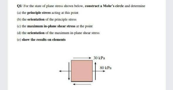 QI For the state of plane stress shown below, construct a Mohr's circle and determine
(a) the principle stress acting at this point
(b) the orientation of the principle stress
(c) the maximum in-plane shear stress at the point
(d) the orientation of the maximum in-plane shear stress
(e) show the results on elements
30 kPa
80 kPa
