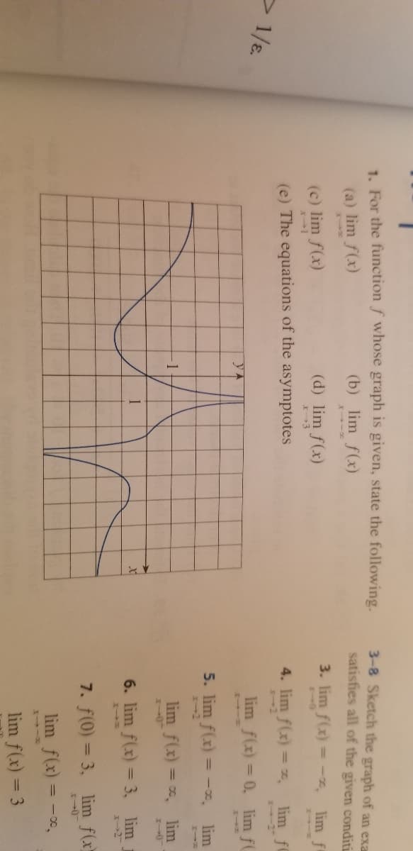 3-8 Sketch the graph of an exa
satisfies all of the given conditi
1. For the function f whose graph is given, state the following.
(b) lim f(x)
(a) lim f(x)
X -0
3. lim f(x) = 2, lim f
(c) lim f(x)
(d) lim f(x)
(e) The equations of the asymptotes
4. lim f(x) = , lim f
>1/8.
lim f(x) = 0, lim f(
5. lim f(x) = -I, lim
lim f(x) = , lim
6. lim f(x) = 3, lim
7. f(0) = 3, lim f(x)
lim f(x) = -x,
%3D
lim f(x) = 3
