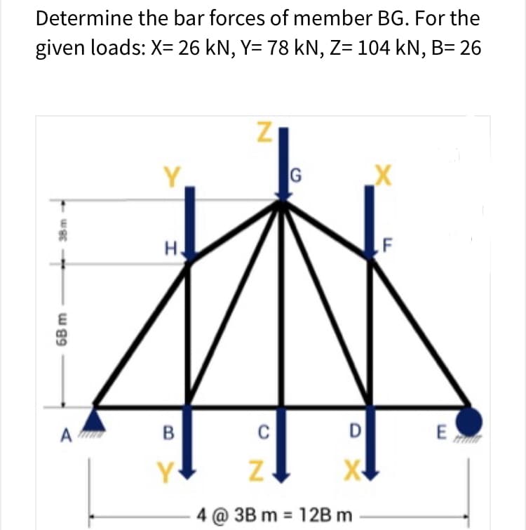 Determine the bar forces of member BG. For the
given loads: X= 26 kN, Y= 78 kN, Z= 104 kN, B= 26
Y
G
H.
A m
B
C
D
E
Y
4 @ 3B m = 12B m
6B m
