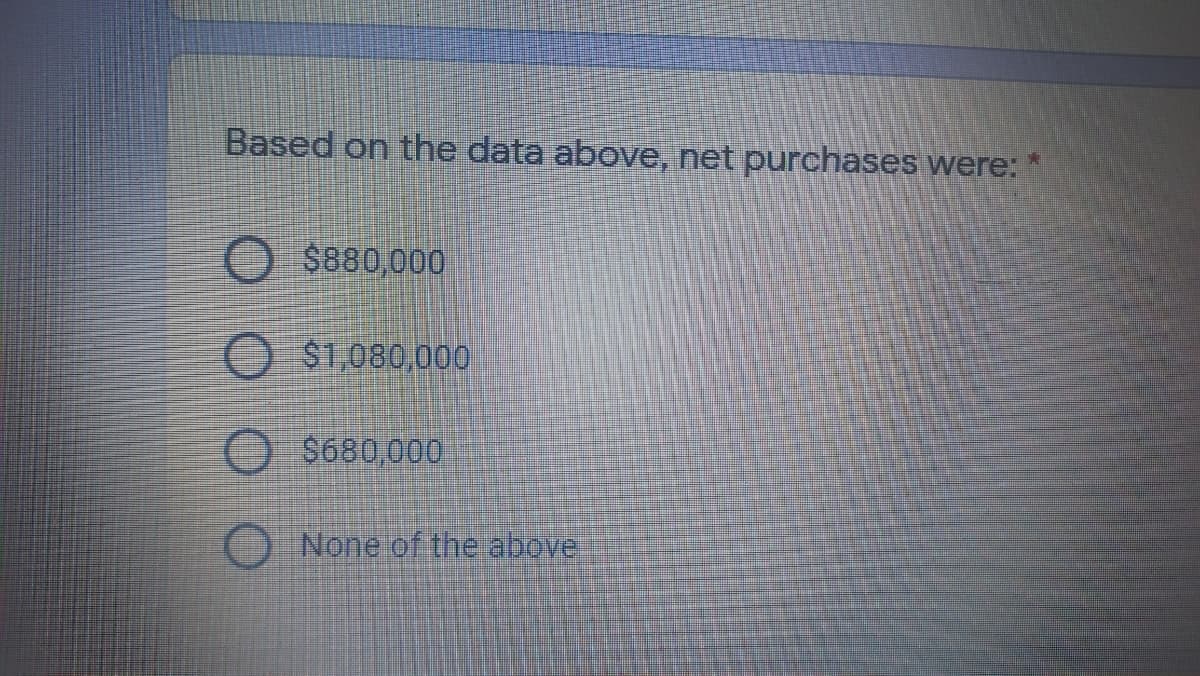 Based on the data above, net purchases were:
$880,000
O $1,080,000
O $680,000
None of the above.
