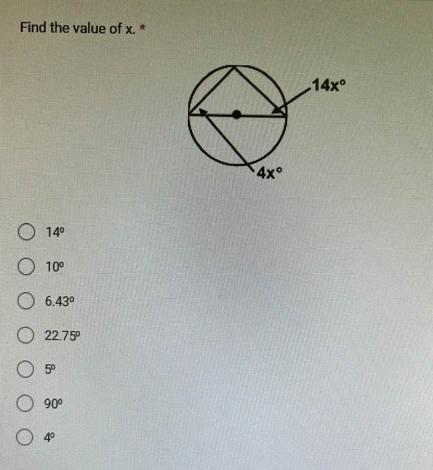 Find the value of x. *
O 14⁰
10⁰
6.43⁰
O 22.75⁰
5⁰
O 90⁰
4⁰
4x°
14x⁰