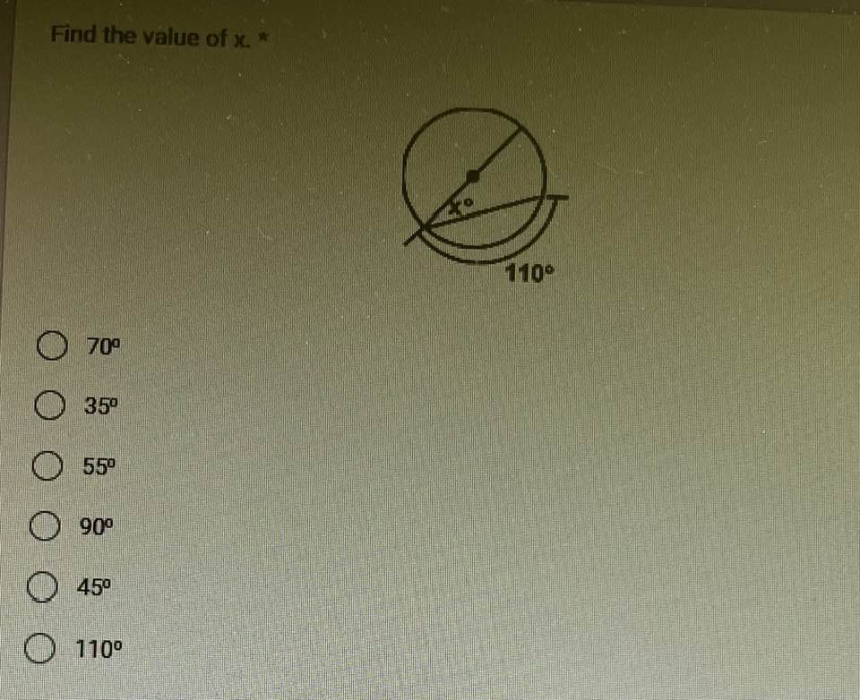 Find the value of x. *
70⁰
35⁰
55⁰
O 90⁰
O 45⁰
110⁰
110°