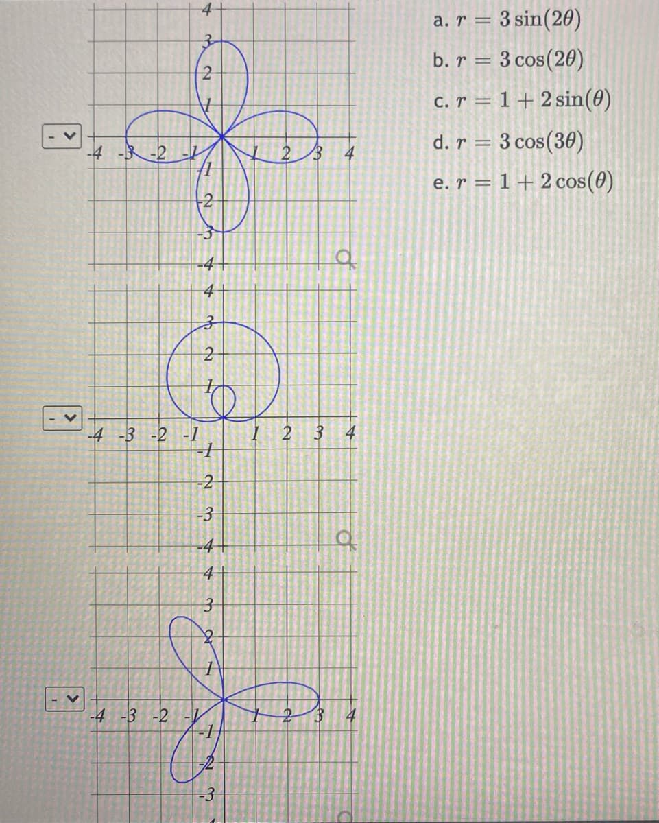 4
a. r = 3 sin(20)
b. r = 3 cos(20)
c. r = 1 +2 sin(0)
d. r = 3 cos(30)
-4 -3-2 -
e. r = 1 + 2 cos(0)
2
4-
-4 -3 -2
1 2
4
-2
-3
-4
4
-4 -3 -2
4.
-3
