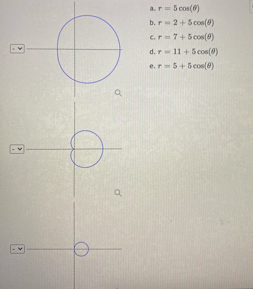 a. r = 5 cos(0)
b. r = 2 + 5 cos(0)
C. r = 7 + 5 cos(0)
d. r = 11 + 5 cos(0)
e. r = 5 + 5 cos(0)
