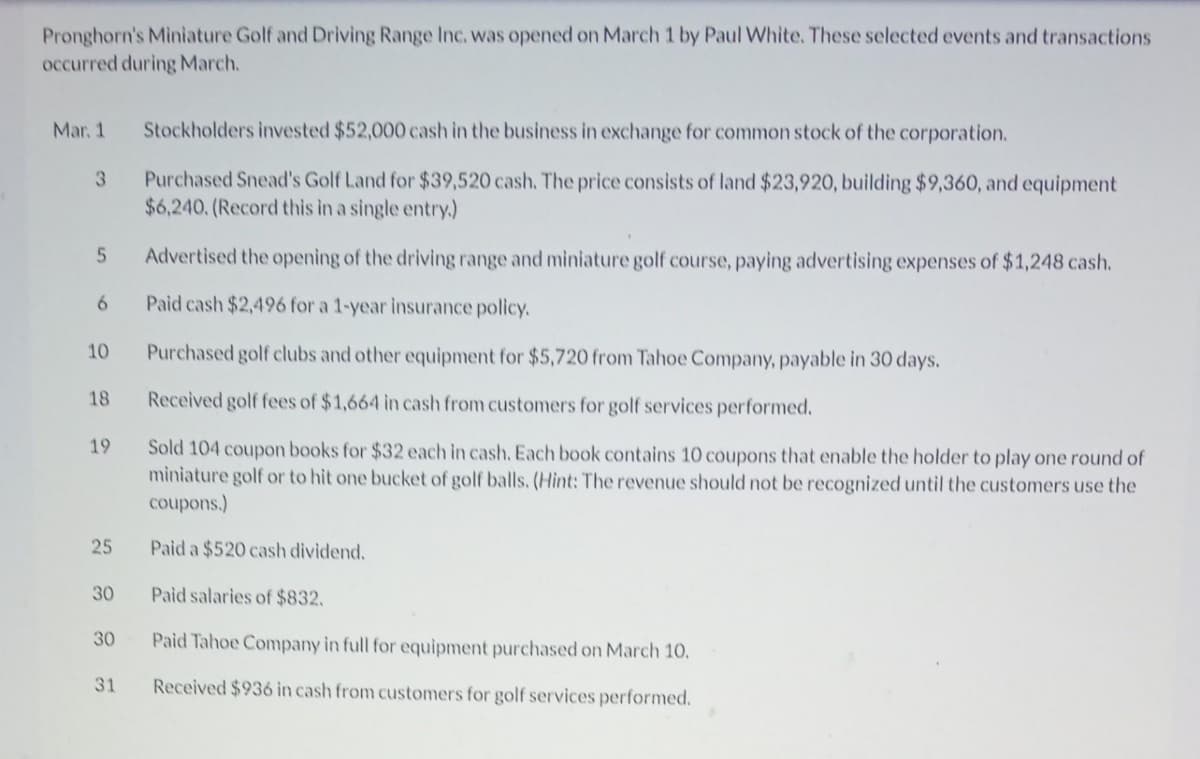 Pronghorn's Miniature Golf and Driving Range Inc. was opened on March 1 by Paul White. These selected events and transactions
occurred during March.
Mar 1
Stockholders invested $52,000 cash in the business in exchange for common stock of the corporation.
Purchased Snead's Golf Land for $39,520 cash. The price consists of land $23,920, building $9,360, and equipment
$6,240. (Record this in a single entry.)
3.
Advertised the opening of the driving range and miniature golf course, paying advertising expenses of $1,248 cash.
Paid cash $2,496 for a 1-year insurance policy.
10
Purchased golf clubs and other equipment for $5,720 from Tahoe Company, payable in 30 days.
18
Received golf fees of $1,664 in cash from customers for golf services performed.
19
Sold 104 coupon books for $32 each in cash, Each book contains 10 coupons that enable the holder to play one round of
miniature golf or to hit one bucket of golf balls. (Hint: The revenue should not be recognized until the customers use the
coupons.)
25
Paid a $520 cash dividend.
30
Paid salaries of $832.
30
Paid Tahoe Company in full for equipment purchased on March 10.
31
Received $936ó in cash from customers for golf services performed.
