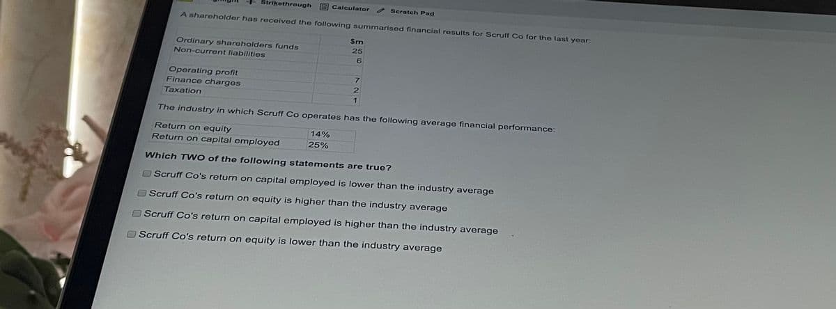 Strikethrough
Calculator
Scratch Pad
A shareholder has received the following summarised financial results for Scruff Co for the last year:
Sm
Ordinary shareholders funds
25
Non-current liabilities
6
Operating profit
Finance charges
2
Taxation
1
The industry in which Scruff Co operates has the following average financial performance:
Return on equity
14%
25%
Return on capital employed
Which TWO of the following statements are true?
Scruff Co's return on capital employed is lower than the industry average
Scruff Co's return on equity is higher than the industry average
Scruff Co's return on capital employed is higher than the industry average
Scruff Co's return on equity is lower than the industry average
7