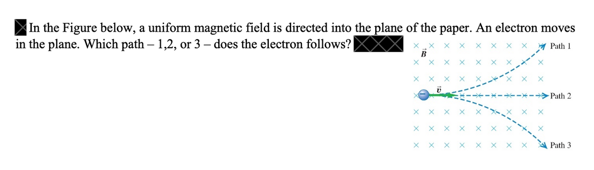 In the Figure below, a uniform magnetic field is directed into the plane of the paper. An electron moves
in the plane. Which path - 1,2, or 3 - does the electron follows?
Path 1
Path 2
X X
X X
X X
X X
Path 3
X
x
X X
X
X
X X X