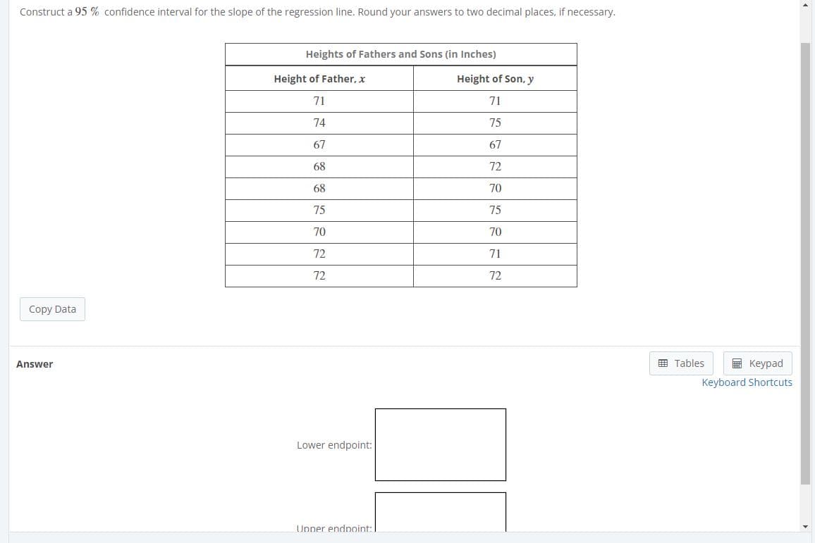 Construct a 95 % confidence interval for the slope of the regression line. Round your answers to two decimal places, if necessary.
Heights of Fathers and Sons (in Inches)
Height of Father, x
Height of Son, y
71
71
74
75
67
67
68
72
68
70
75
75
70
70
72
71
72
72
Copy Data
E Tables
E Keypad
Answer
Keyboard Shortcuts
Lower endpoint:
Unner endnoint:
