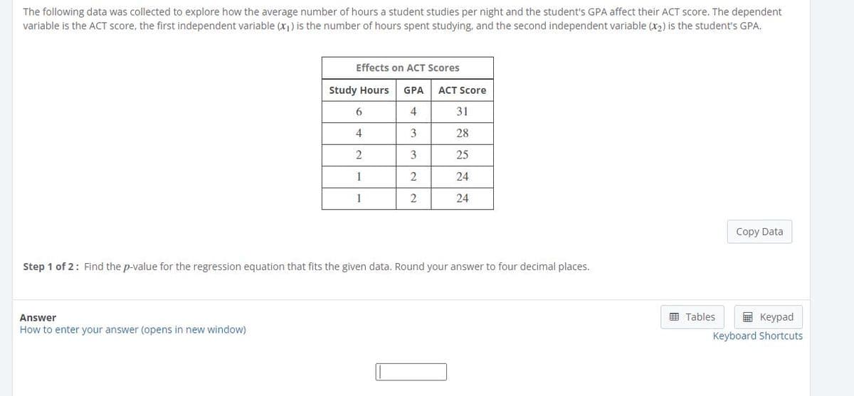 The following data was collected to explore how the average number of hours a student studies per night and the student's GPA affect their ACT score. The dependent
variable is the ACT score, the first independent variable (x) is the number of hours spent studying, and the second independent variable (x2) is the student's GPA.
Effects on ACT Scores
Study Hours
GPA
ACT Score
31
4
3
28
3
25
1
2
24
1
24
Copy Data
Step 1 of 2: Find the p-value for the regression equation that fits the given data. Round your answer to four decimal places.
E Tables
E Keypad
Answer
How to enter your answer (opens in new window)
Keyboard Shortcuts
