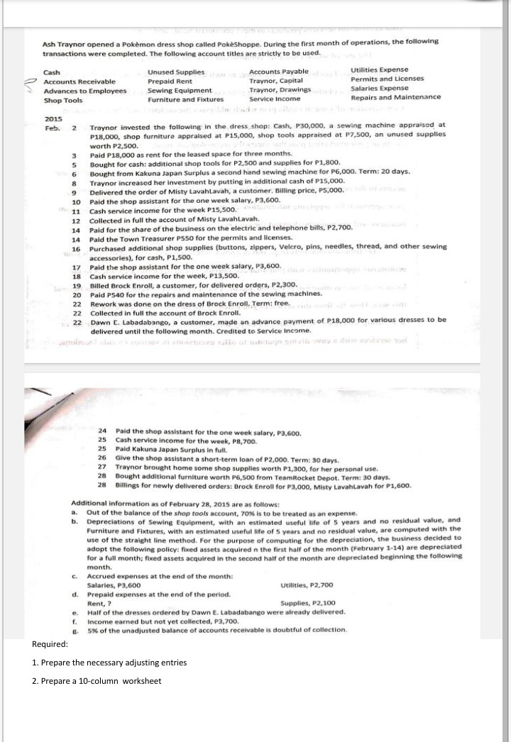 Ash Traynor opened a Pokèmon dress shop called Pokėshoppe. During the first month of operations, the following
transactions were completed. The following account titles are strictly to be used.
Accounts Payable
Utilities Expense
Unused Supplies
Prepaid Rent
Sewing Equipment
Cash
Traynor, Capital
Traynor, Drawings
Permits and Licenses
Accounts Receivable
Advances to Employees
Salaries Expense
Shop Tools
Service Income
Repairs and Maintenance
Furniture and Fixtures
o b inib i to
2015
Traynor invested the following in the dress shop: Cash, P30,000, a sewing machine appraised at
P18,000, shop furniture appraised at P15,000, shop tools appraised at P7,500, an unused supplies
worth P2,500.
Paid P18,000 as rent for the leased space for three months.
Bought for cash: additional shop tools for P2,500 and supplies for P1,800.
Bought from Kakuna Japan Surplus a second hand sewing machine for P6,000. Term: 20 days.
Traynor increased her investment by putting in additional cash of P15,000.
Delivered the order of Misty Lavahlavah, a customer. Billing price, PS,000.
Paid the shop assistant for the one week salary, P3,600.
Cash service income for the week P15,500.
Collected in full the account of Misty LavahLavah.
Paid for the share of the business on the electric and telephone bills, P2,700.
14 Paid the Town Treasurer PS50 for the permits and licenses.
Feb.
2
3
5
6
10
11
12
14
Purchased additional shop supplies (buttons, zippers, Velcro, pins, needles, thread, and other sewing
accessories), for cash, P1,500.
16
17 Paid the shop assistant for the one week salary, P3,600.
Cash service income for the week, P13,5o0.
Billed Brock Enroll, a customer, for delivered orders, P2,300.
Paid PS40 for the repairs and maintenance of the sewing machines.
ano
18
b 19
20
22 Rework was done on the dress of Brock Enroll, Term: free.
t t i
22
Collected in full the account of Brock Enroll.
Dawn E. Labadabango, a customer, made an advance payment of P18,000 for various dresses to be
delivered until the following month. Credited to Service Income.
22
i a ai re llo ot ougo mvib w dw lve l
anir.
Paid the shop assistant for the one week salary, P3,600.
Cash service income for the week, P8,700.
25 Paid Kakuna Japan Surplus in full.
24
25
26
Give the shop assistant a short-term loan of P2,000. Term: 30 days.
27
Traynor brought home some shop supplies worth P1,300, for her personal use.
28 Bought additional furniture worth P6,500 from TeamRocket Depot. Term: 30 days.
Billings for newly delivered orders: Brock Enroll for P3,000, Misty LavahLavah for P1,600.
28
Additional information as of February 28, 2015 are as follows:
Out of the balance of the shop tools account, 70% is to be treated as an expense.
b. Depreciations of Sewing Equipment, with an estimated useful ife of 5 years and no residual value, and
Furniture and Fixtures, with an estimated useful life of 5 years and no residual value, are computed with the
use of the straight line method. For the purpose of computing for the depreciation, the business decided to
adopt the following policy: fixed assets acquired n the first half of the month (February 1-14) are depreciated
for a full month; fixed assets acquired in the second half of the month are depreciated beginning the following
a.
month.
Accrued expenses at the end of the month:
Utilities, P2,700
Salaries, P3,60o
d. Prepaid expenses at the end of the period.
Rent, ?
Half of the dresses ordered by Dawn E. Labadabango were already delivered.
Supplies, P2,100
e.
Income earned but not yet collected, P3,700.
e. 5% of the unadjusted balance of accounts receivable is doubtful
collection.
Required:
1. Prepare the necessary adjusting entries
2. Prepare a 10-column worksheet
