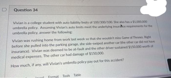 D
Question 34
Vivian is a college student with auto liability limits of 100/300/100. She also has a $1,000,000
umbrella policy. Assuming Vivian's auto limits meet the underlying insurance requirements for the
umbrella policy, answer the following:
Vivian was rushing home from work last week so that she wouldn't miss Game of Thrones. Right
before she pulled into the parking garage, she side-swiped another car (the other car did not have
insurance). Vivian was deemed to be at-fault and the other driver sustained $150,000 worth of
medical expenses. The other car had damage of $150,000.
How much, if any, will Vivian's umbrella policy pay out for this accident?
Jannet Format Tools Table