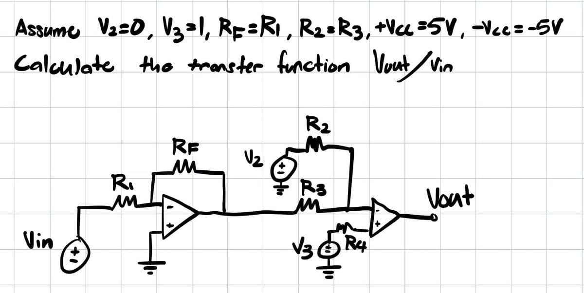 Assume V₂=0, V₂=1, RE=R₁, R₂=R3, +Vcc=5V₁-Vcc=-5V
Calculate the transter function Vout / Vin
Vin
+1
R.
RF
un
V₂
R₂
R3
m
V36³
√30
R4
Vout