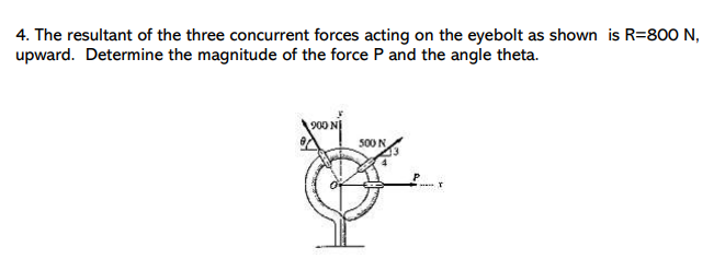 4. The resultant of the three concurrent forces acting on the eyebolt as shown is R=800 N,
upward. Determine the magnitude of the force P and the angle theta.
IN COG
500 N
