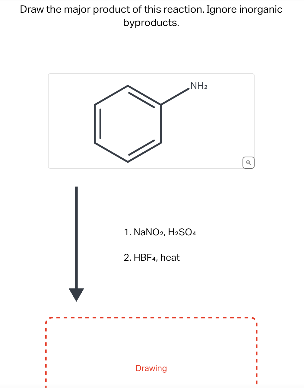 Draw the major product of this reaction. Ignore inorganic
byproducts.
1. NaNO2, H₂2SO4
2. HBF4, heat
NH₂
Drawing
✔