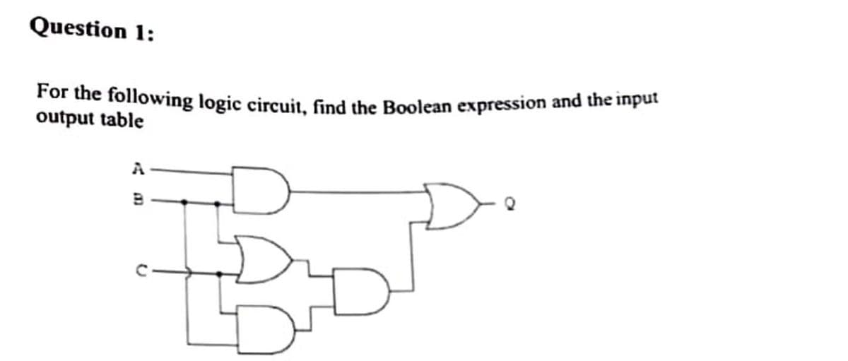 Question 1:
For the following logic circuit, find the Boolean expression and the input
output table
A
