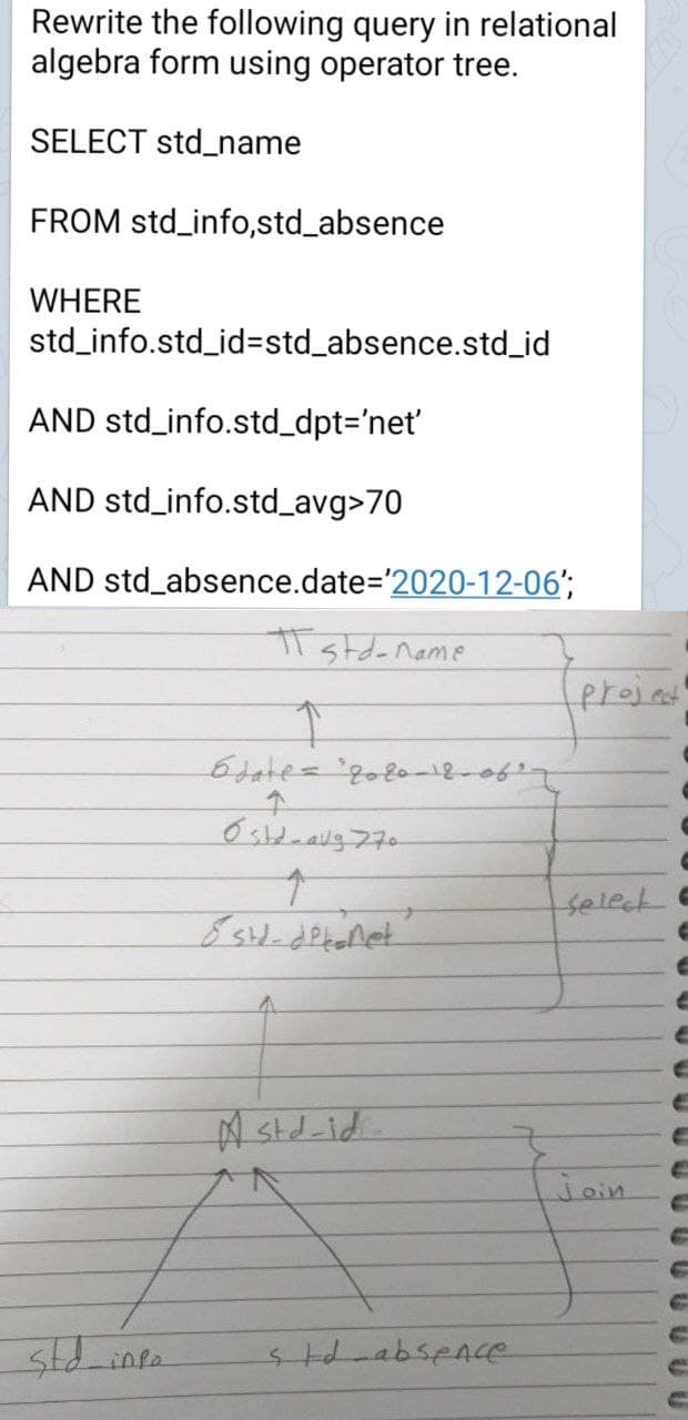 Rewrite the following query in relational
algebra form using operator tree.
SELECT std_name
FROM std_info,std_absence
WHERE
std_info.std_id=std_absence.std_id
AND std_info.std_dpt='net'
AND std_info.std_avg>70
AND std_absence.date%='2020-12-06';
std-name
projnt
Etate="2020-18-06
select E
A std-id.
join
std-inea
