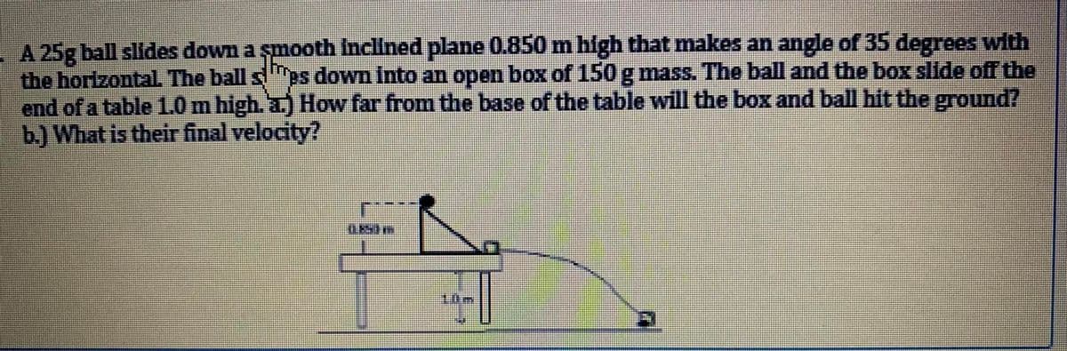 A 25g ball slides down a şmooth inclined plane 0.850 m high that makes an angle of 35 degrees with
the horizontal The ball sps down into an open box of 150 g mass. The ball and the box slide off the
end of a table 1.0m high. a) How far from the base of the table will the box and ball hit the ground?
b.) What is their final velocity?
