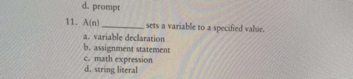 d. prompt
11. A(n)
sets a variable to a specified value.
a. variable declaration
b. assignment statement
c. math expression
d. string literal