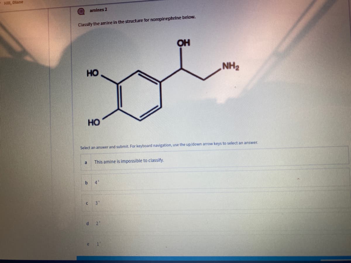 HII, Dlane
amines 2
Classify the amine in the structure for norepinephrine below.
OH
HO
NH2
но
Select an answer and submit. For keyboard navigation, use the up/down arrow keys to select an answer.
This amine is impossible to classify.
b 4"
3"
21
