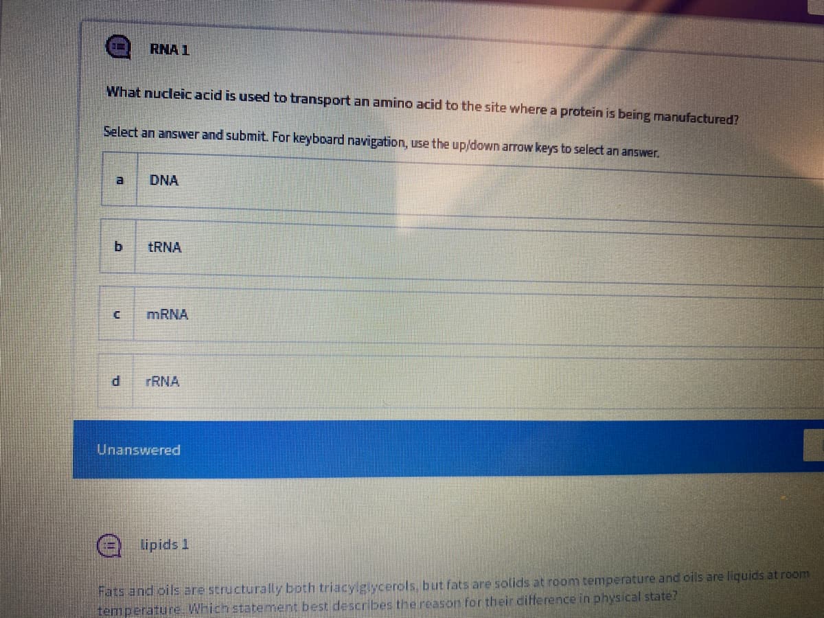 RNA 1
What nucleic acid is used to transport an amino acid to the site where a protein is being manufactured?
Select an answer and submit. For keyboard navigation, use the up/down arrow keys to select an answer.
DNA
b.
TRNA
MRNA
TRNA
Unanswered
lipids 1
Fats and oils are structurally both triacylglycerols, but fats are solids at room temperature and oils are liquids at room
temperature Which statement best describes the reason for their difference in physical state?
