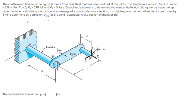 The cantilevered handle in the figure is made from mild steel that has been welded at the joints. The lengths are a=7 in, b=7 in, and c
= 2.5 in. For Fx=0, Fy=275 lbf, and F₂=0. Use Castigliano's theorem to determine the vertical deflection (along the y-axis) at the tip.
Note that when calculating the torsion strain energy of a noncircular cross section, Jis not the polar moment of inertia. Instead, use Eq.
3-41 to determine an equivalent Jeg for the solid rectangular cross section of member BC.
The vertical direction at the tip is
1-india.
tin
in.
in dia.