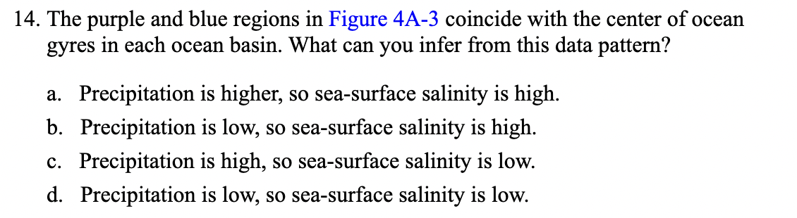 14. The purple and blue regions in Figure 4A-3 coincide with the center of ocean
gyres in each ocean basin. What can you infer from this data pattern?
a. Precipitation is higher, so sea-surface salinity is high.
b. Precipitation is low, so sea-surface salinity is high.
c. Precipitation is high, so sea-surface salinity is low.
d. Precipitation is low, so sea-surface salinity is low.
