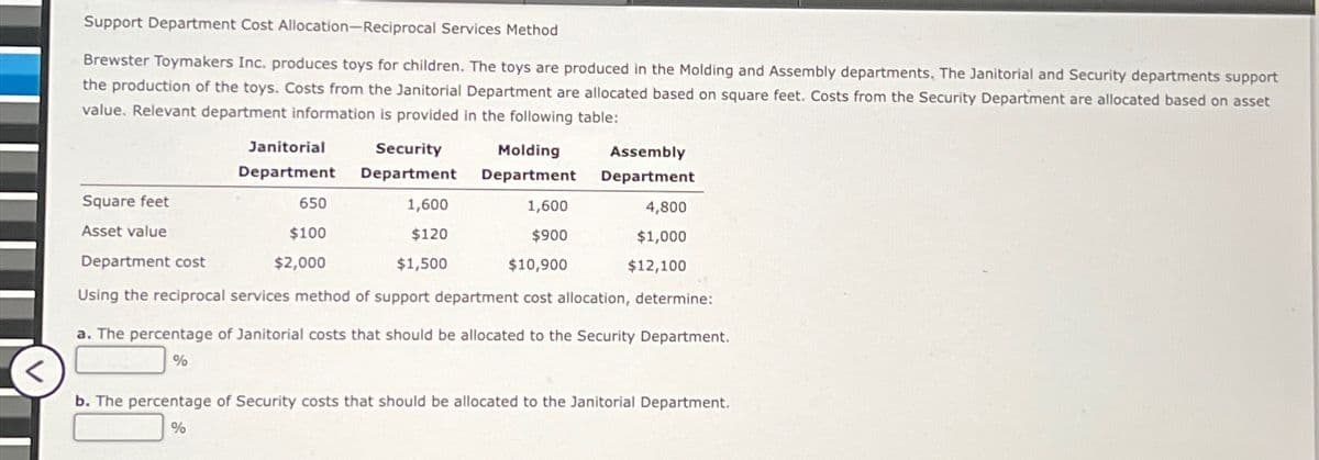 Support Department Cost Allocation-Reciprocal Services Method
Brewster Toymakers Inc. produces toys for children. The toys are produced in the Molding and Assembly departments, The Janitorial and Security departments support
the production of the toys. Costs from the Janitorial Department are allocated based on square feet. Costs from the Security Department are allocated based on asset
value. Relevant department information is provided in the following table:
Janitorial
Department
Security
Department
Molding
Department
Assembly
Department
Square feet
650
1,600
1,600
4,800
Asset value
$100
$120
$900
$1,000
Department cost
$2,000
$1,500
$10,900
$12,100
<
Using the reciprocal services method of support department cost allocation, determine:
a. The percentage of Janitorial costs that should be allocated to the Security Department.
%
b. The percentage of Security costs that should be allocated to the Janitorial Department.
%