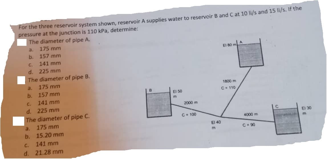 For the three reservoir system shown, reservoir A supplies water to reservoir B and C at 10 li/s and 15 li/s. If the
pressure at the junction is 110 kPa, determine:
The diameter of pipe A.
175 mm
a.
b.
a.
b.
C.
d. 225 mm
The diameter of pipe B.
175 mm
157 mm
C.
141 mm
d. 225 mm
The diameter of pipe C.
175 mm
15.20 mm
C.
141 mm
d. 21.28 mm
157 mm
141 mm
a.
b.
8
El 50
m
2000 m
C = 100
El 40
m
El 80 m
1800 m
C = 110
4000 m
C = 90
C
El 30
m