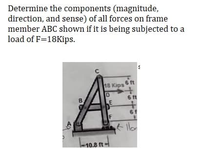 Determine the components (magnitude,
direction, and sense) of all forces on frame
member ABC shown if it is being subjected to a
load of F=18Kips.
B
C
10.8 ft
18 Kips 6 ft
+
D
6 ft
E
F
+
VI
of llor
S
6 f