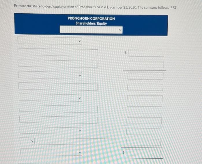 Prepare the shareholders' equity section of Pronghorn's SFP at December 31, 2020. The company follows IFRS.
PRONGHORN CORPORATION
Shareholders' Equity
8
V
V