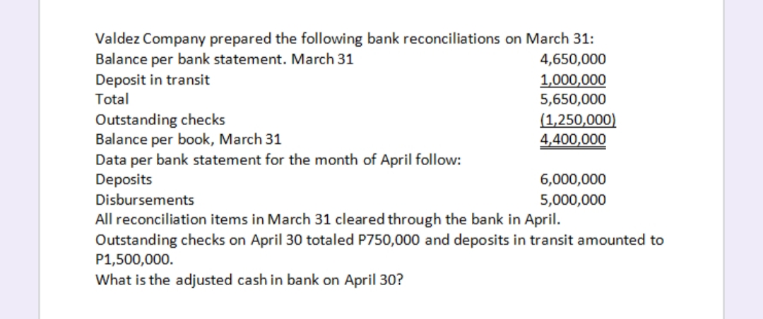 Valdez Company prepared the following bank reconciliations on March 31:
Balance per bank statement. March 31
Deposit in transit
Total
4,650,000
1,000,000
5,650,000
Outstanding checks
Balance per book, March 31
Data per bank statement for the month of April follow:
Deposits
(1,250,000)
4,400,000
6,000,000
Disbursements
5,000,000
All reconciliation items in March 31 cleared through the bank in April.
Outstanding checks on April 30 totaled P750,000 and deposits in transit amounted to
P1,500,000.
What is the adjusted cash in bank on April 30?
