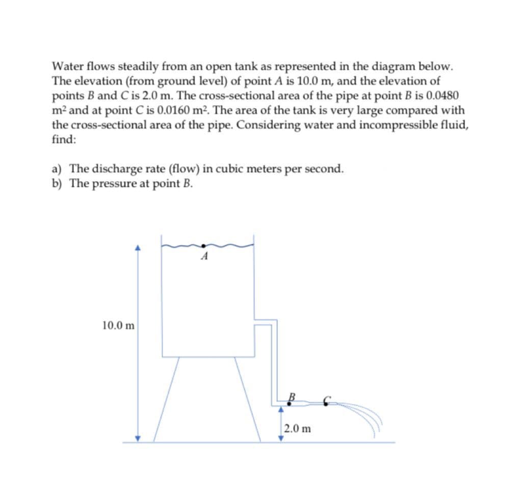 Water flows steadily from an open tank as represented in the diagram below.
The elevation (from ground level) of point A is 10.0 m, and the elevation of
points B and C is 2.0 m. The cross-sectional area of the pipe at point B is 0.0480
m² and at point C is 0.0160 m2. The area of the tank is very large compared with
the cross-sectional area of the pipe. Considering water and incompressible fluid,
find:
a) The discharge rate (flow) in cubic meters per second.
b) The pressure at point B.
10.0 m
2.0 m
