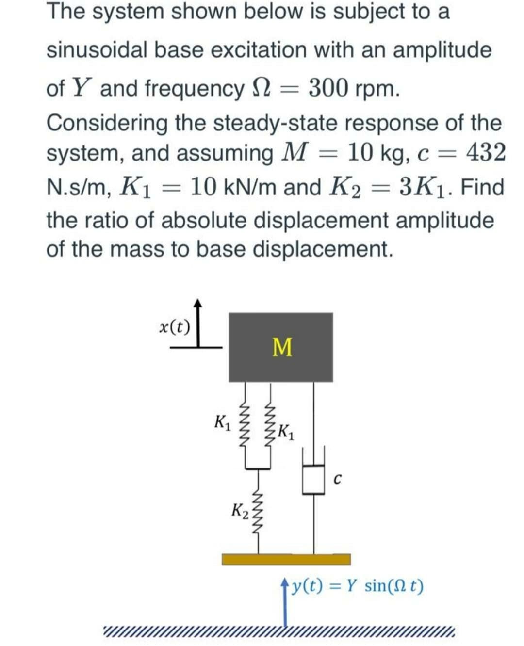 The system shown below is subject to a
sinusoidal base excitation with an amplitude
of Y and frequency N = 300 rpm.
Considering the steady-state response of the
system, and assuming M = 10 kg, c = 432
N.s/m, K1 = 10 kN/m and K2 = 3K1. Find
the ratio of absolute displacement amplitude
of the mass to base displacement.
x(t)
K1
K1
K2
y(t) = Y sin(N t)
MN
www
ww
