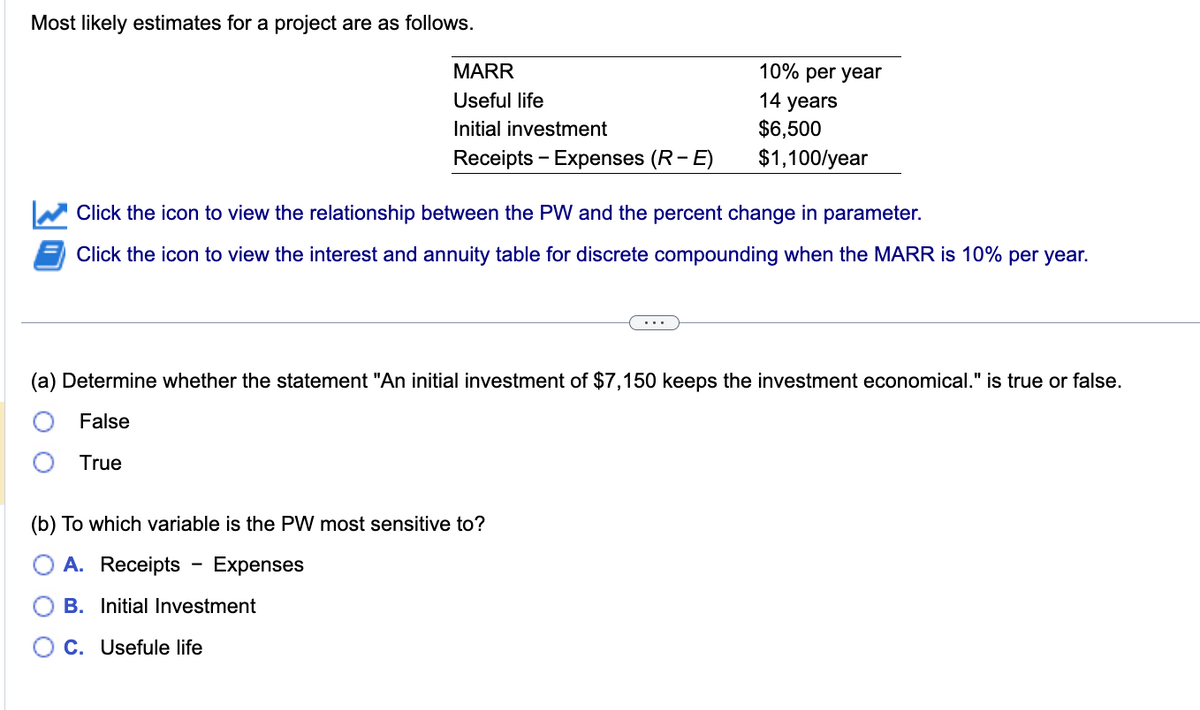 Most likely estimates for a project are as follows.
MARR
Useful life
Initial investment
Receipts - Expenses (R-E)
10% per year
14 years
$6,500
$1,100/year
Click the icon to view the relationship between the PW and the percent change in parameter.
Click the icon to view the interest and annuity table for discrete compounding when the MARR is 10% per year.
(a) Determine whether the statement "An initial investment of $7,150 keeps the investment economical." is true or false.
False
True
(b) To which variable is the PW most sensitive to?
A. Receipts Expenses
B. Initial Investment
C. Usefule life